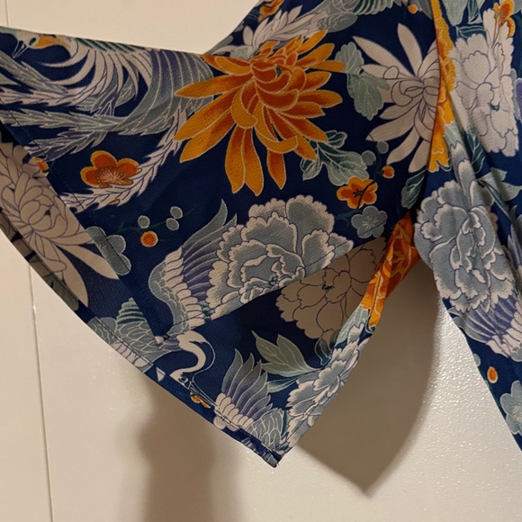 Floral Navy Wrap Dress with Gold Accents - Picture 5 of 10